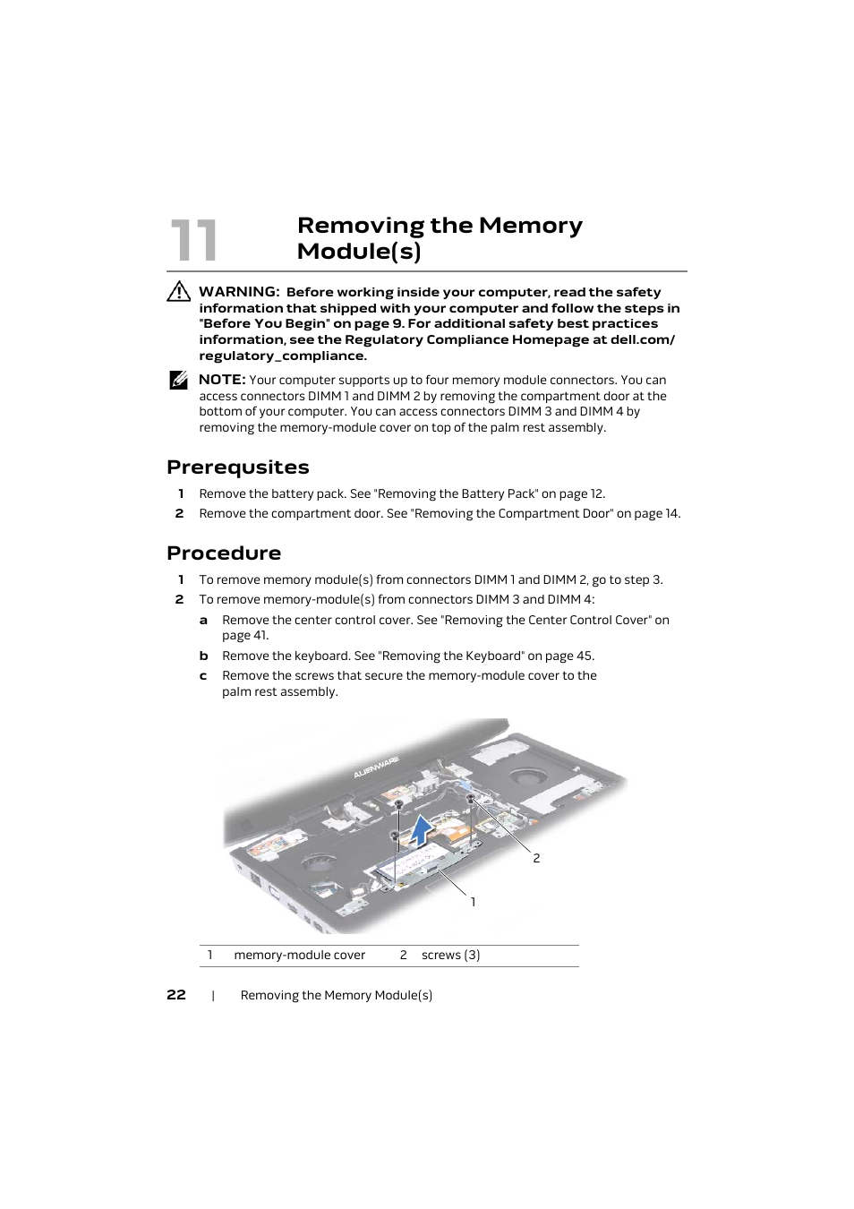 Prerequsites, Procedure, Removing the memory module(s) | Dell Alienware M17x R4 (Early 2012) User Manual | Page 22 / 88
