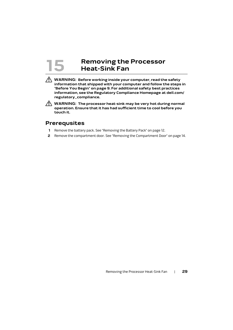 Prerequsites, Removing the processor, Heat-sink fan | Removing the processor heat-sink fan | Dell Alienware M17x R4 (Early 2012) User Manual | Page 29 / 88