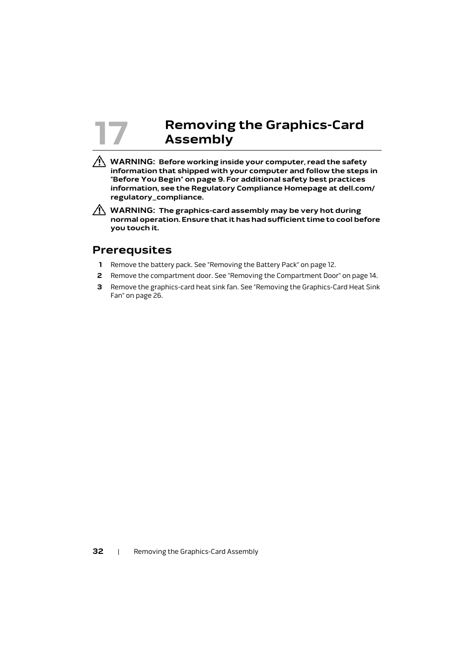 Prerequsites, Removing the graphics-card, Assembly 32 | Removing the graphics-card assembly | Dell Alienware M17x R4 (Early 2012) User Manual | Page 32 / 88