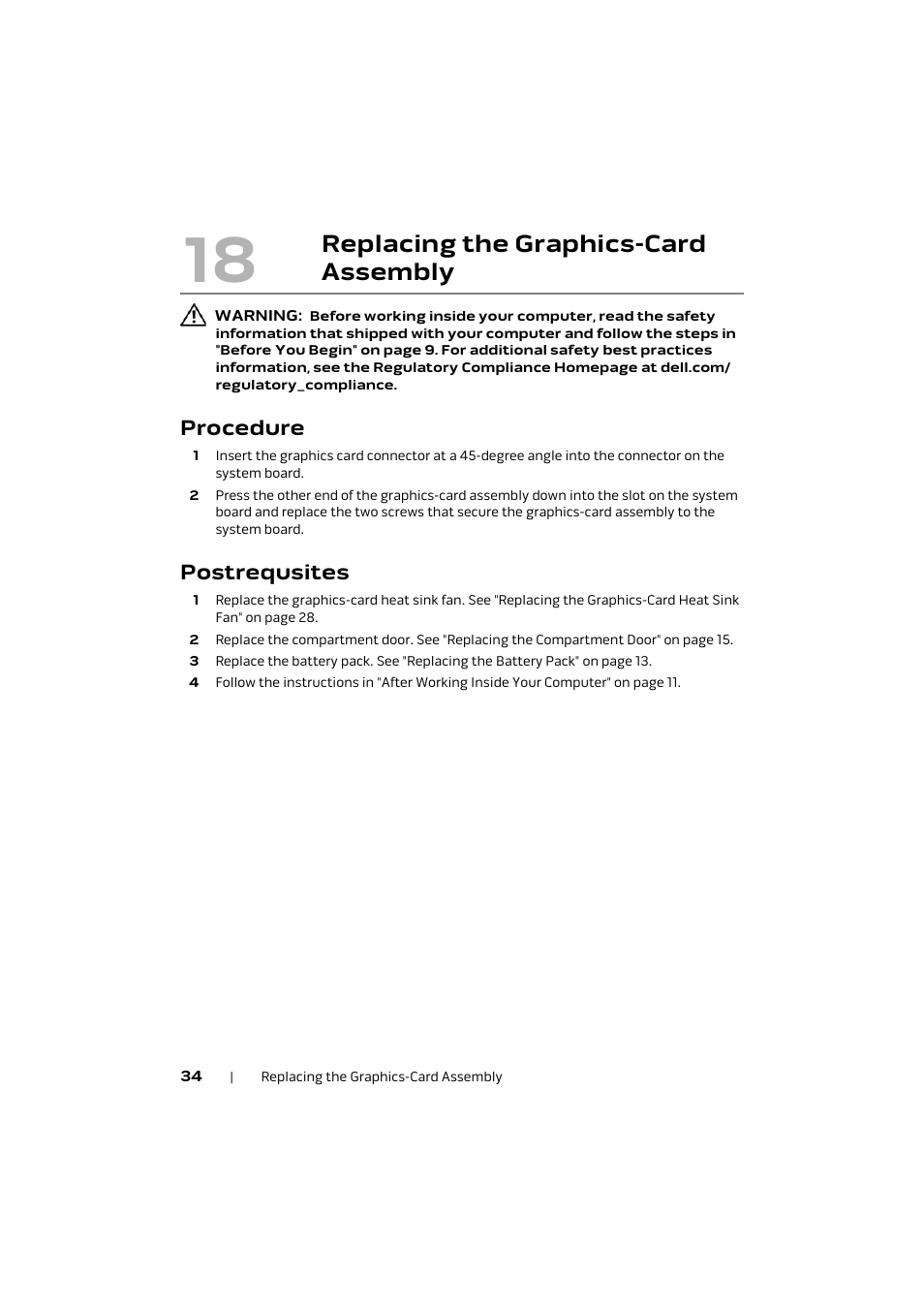 Procedure, Postrequsites, Replacing the graphics-card | Assembly 34, Replacing the graphics-card assembly | Dell Alienware M17x R4 (Early 2012) User Manual | Page 34 / 88