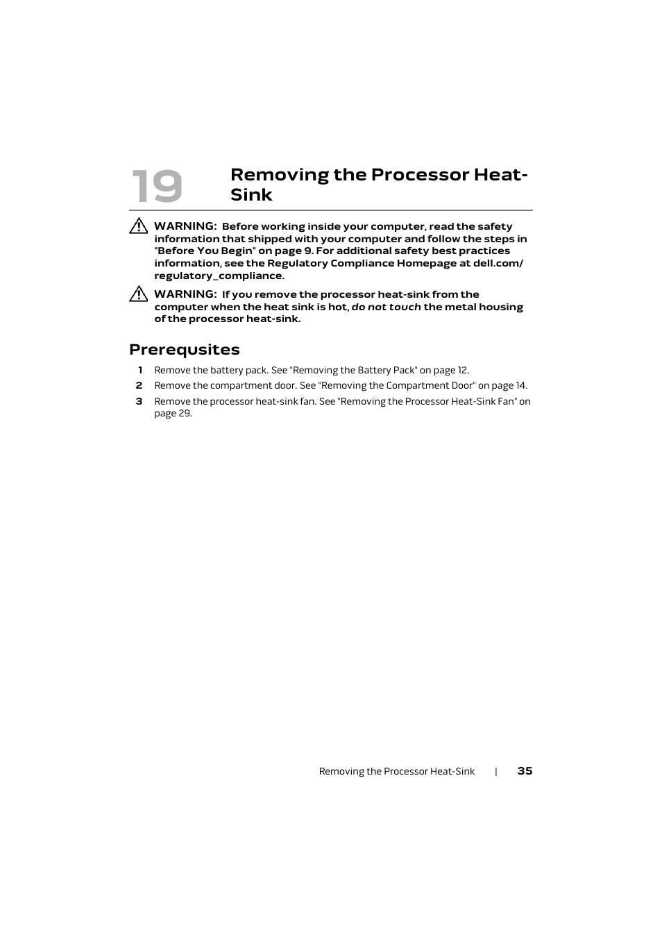 Prerequsites, Removing the processor, Heat-sink 35 | Removing the processor heat- sink | Dell Alienware M17x R4 (Early 2012) User Manual | Page 35 / 88
