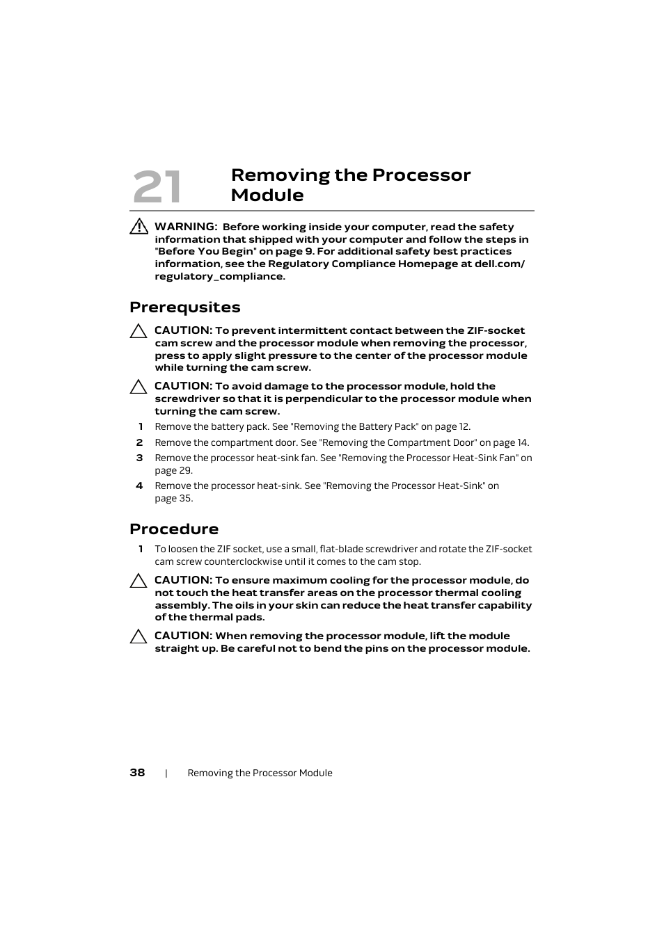 Prerequsites, Procedure, Removing the processor | Module 38, Removing the processor module | Dell Alienware M17x R4 (Early 2012) User Manual | Page 38 / 88