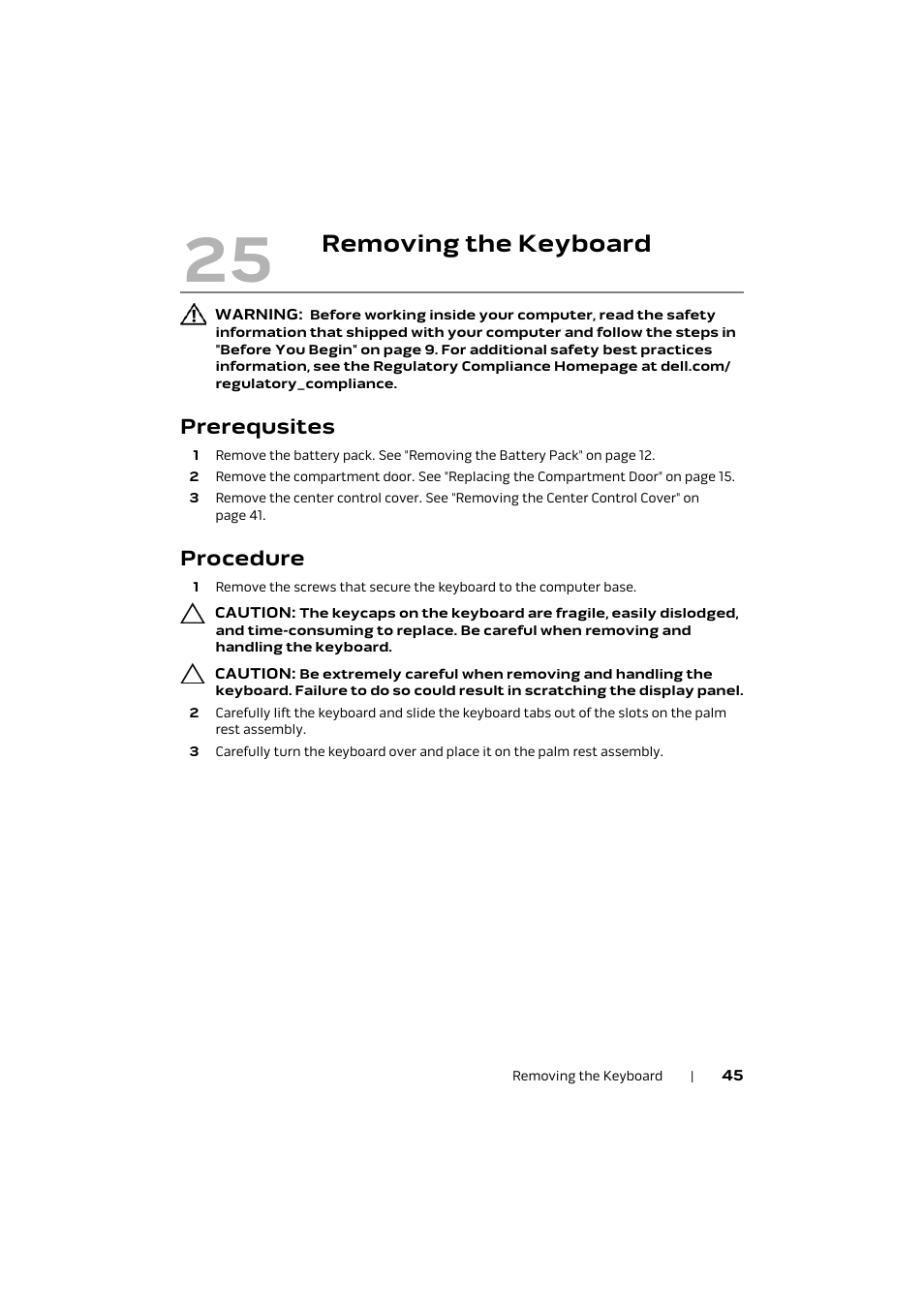 Removing the keyboard, Prerequsites, Procedure | Dell Alienware M17x R4 (Early 2012) User Manual | Page 45 / 88