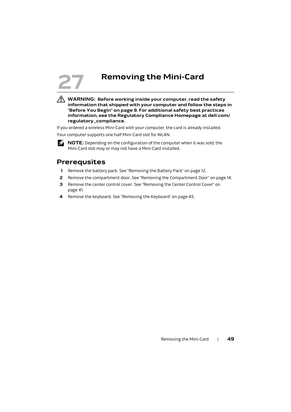 Removing the mini-card, Prerequsites | Dell Alienware M17x R4 (Early 2012) User Manual | Page 49 / 88