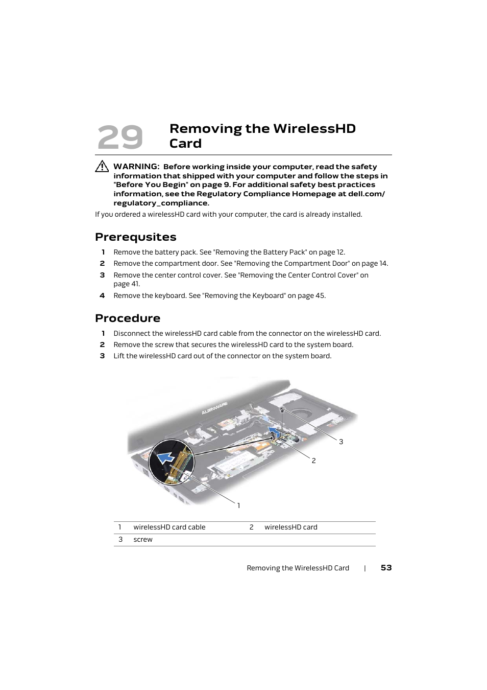Prerequsites, Procedure, 29 removing the wirelesshd | Card 53, Removing the wirelesshd card | Dell Alienware M17x R4 (Early 2012) User Manual | Page 53 / 88