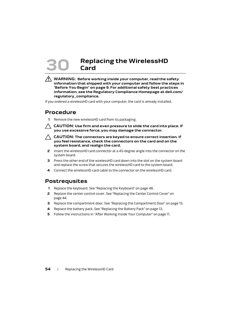 Procedure, Postrequsites, 30 replacing the wirelesshd | Card 54, Replacing the wirelesshd card | Dell Alienware M17x R4 (Early 2012) User Manual | Page 54 / 88