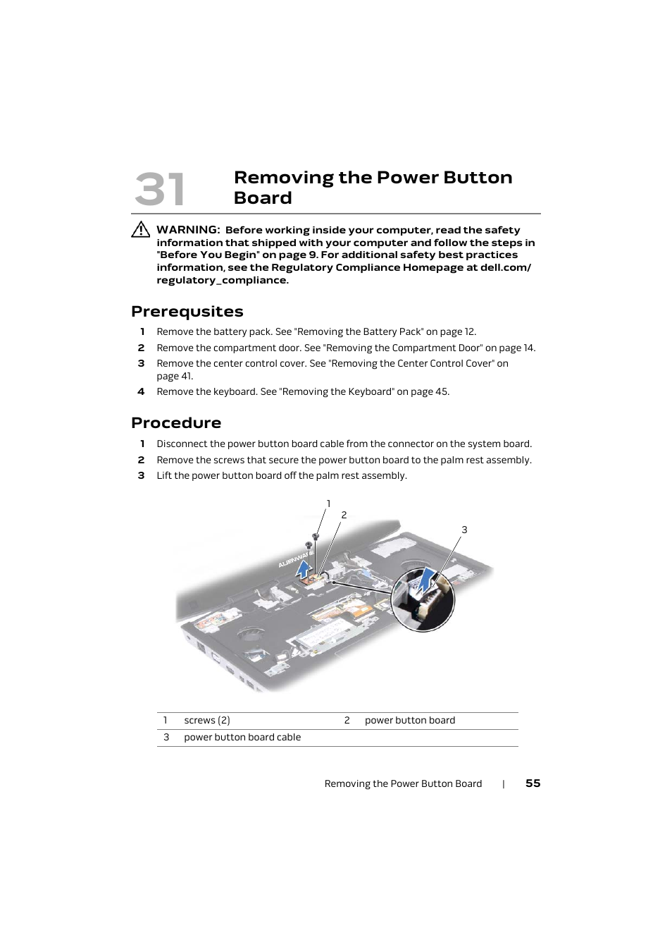 Prerequsites, Procedure, Removing the power | Button board, Removing the power button board | Dell Alienware M17x R4 (Early 2012) User Manual | Page 55 / 88