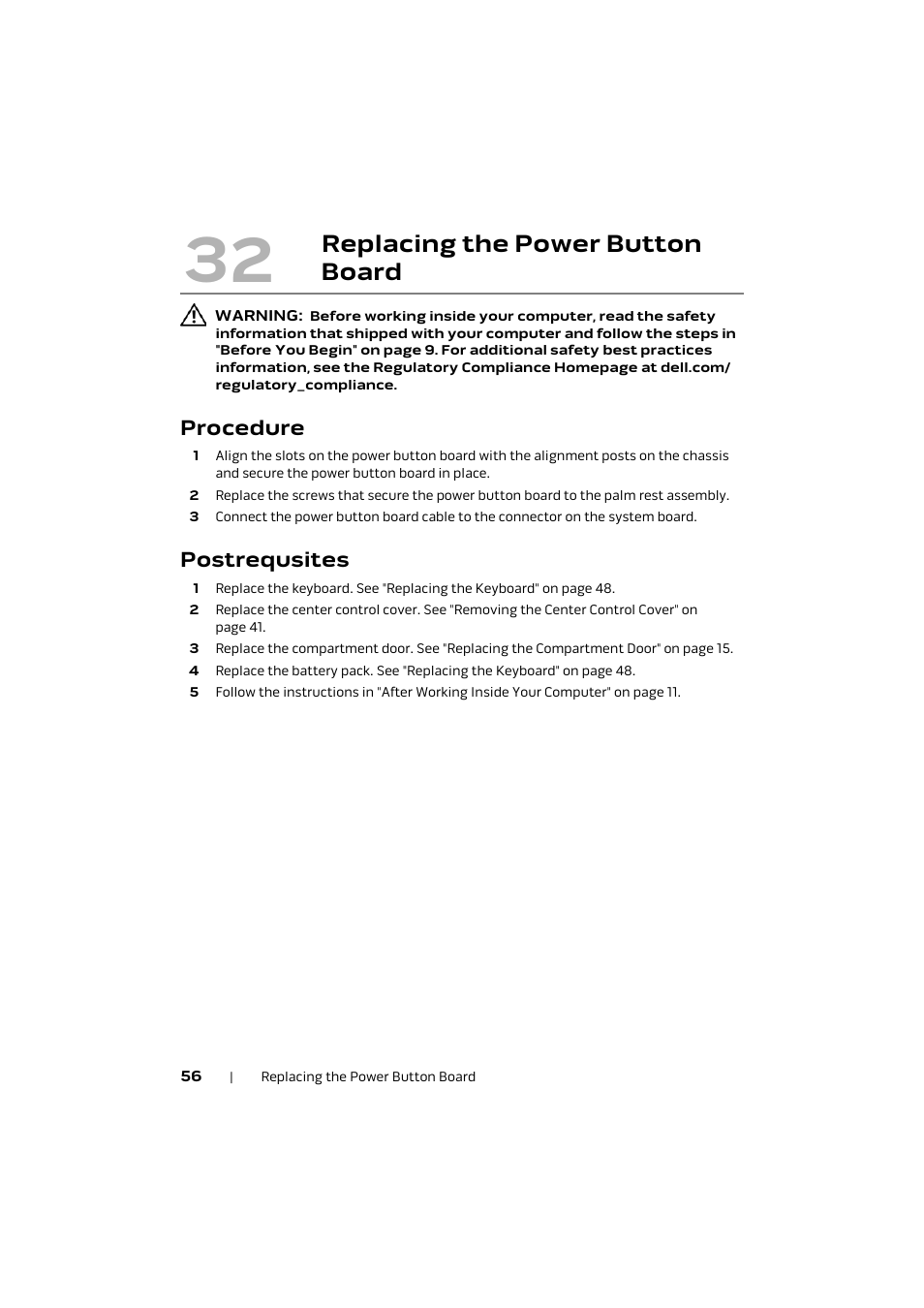 Procedure, Postrequsites, 32 replacing the power | Button board, Replacing the power button board | Dell Alienware M17x R4 (Early 2012) User Manual | Page 56 / 88