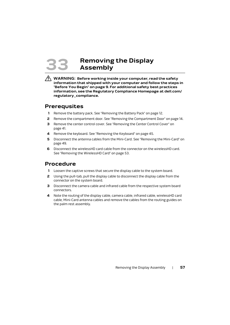 Prerequsites, Procedure, 33 removing the display | Assembly 57, Removing the display assembly | Dell Alienware M17x R4 (Early 2012) User Manual | Page 57 / 88