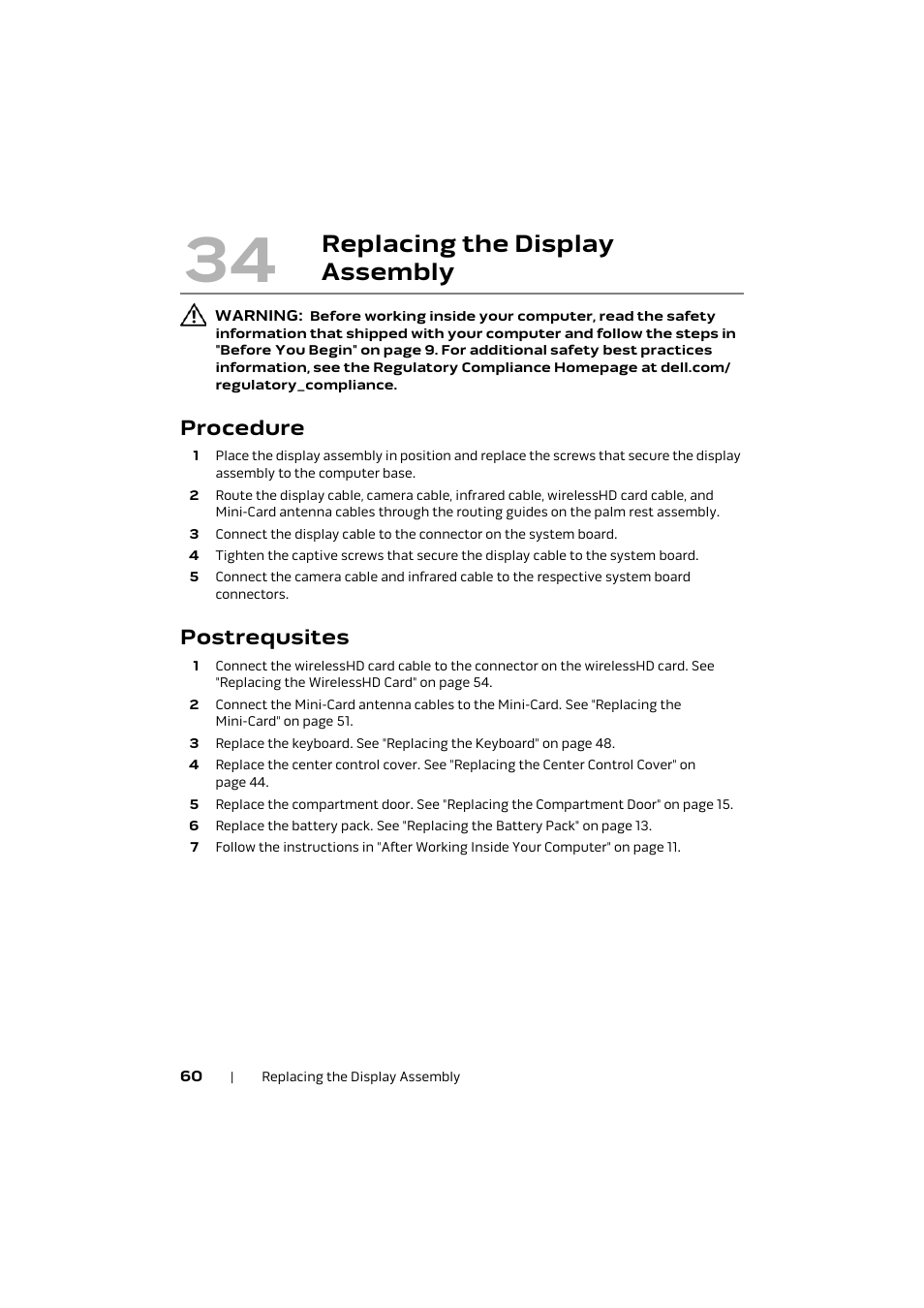 Procedure, Postrequsites, 34 replacing the display | Assembly 60, Replacing the display assembly | Dell Alienware M17x R4 (Early 2012) User Manual | Page 60 / 88