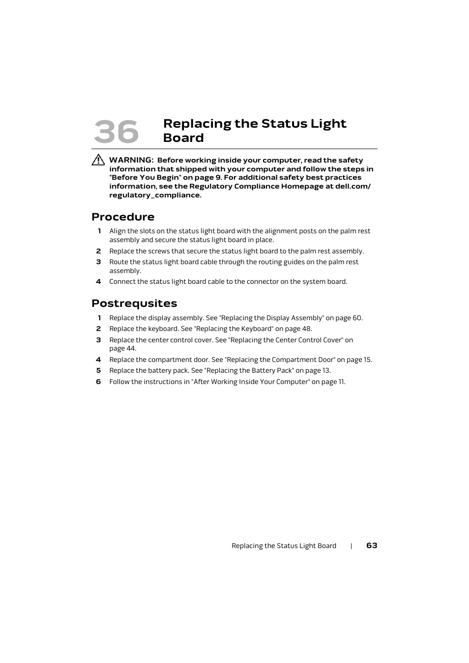 Procedure, Postrequsites, 36 replacing the status | Light board, Replacing the status light board | Dell Alienware M17x R4 (Early 2012) User Manual | Page 63 / 88