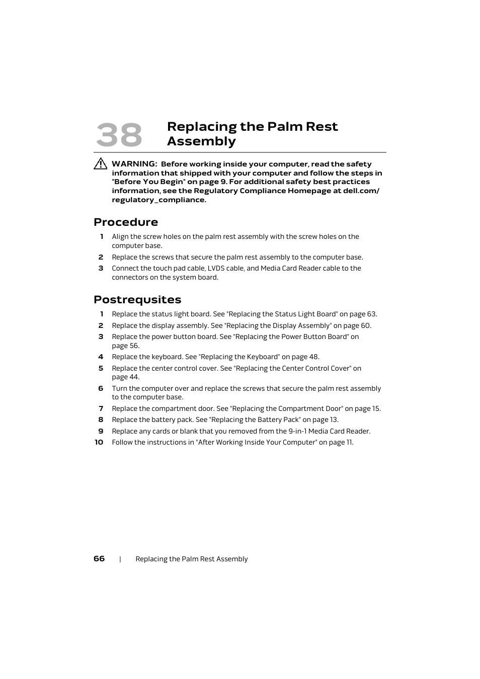 Procedure, Postrequsites, 38 replacing the palm | Rest assembly, Replacing the palm rest assembly | Dell Alienware M17x R4 (Early 2012) User Manual | Page 66 / 88