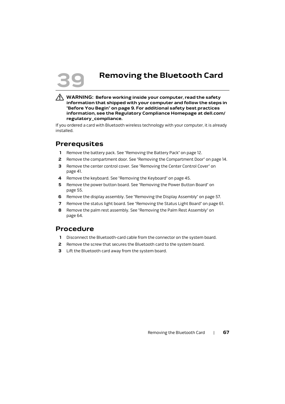 Removing the bluetooth card, Prerequsites, Procedure | Dell Alienware M17x R4 (Early 2012) User Manual | Page 67 / 88