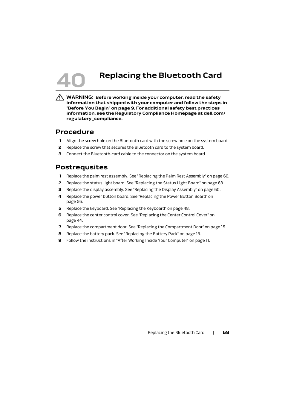 Replacing the bluetooth card, Procedure, Postrequsites | Dell Alienware M17x R4 (Early 2012) User Manual | Page 69 / 88