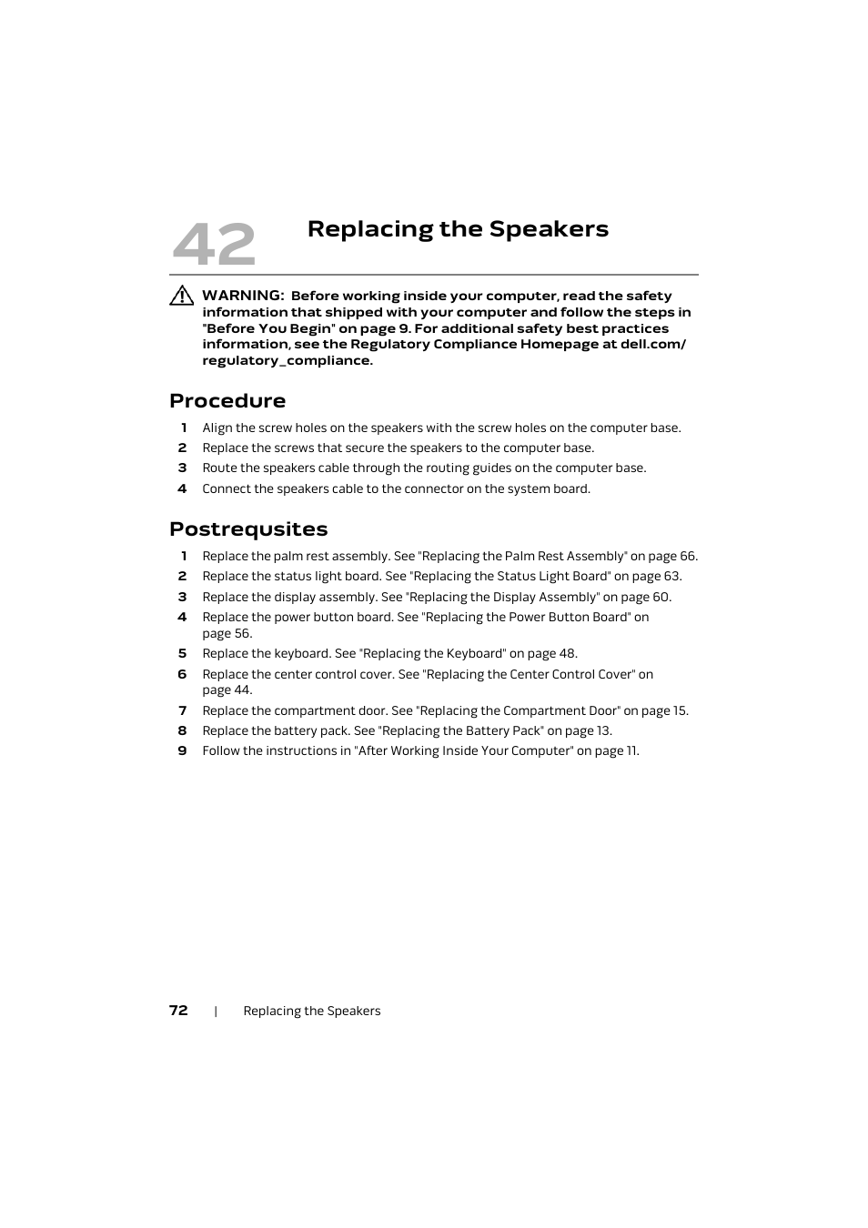 Replacing the speakers, Procedure, Postrequsites | Dell Alienware M17x R4 (Early 2012) User Manual | Page 72 / 88