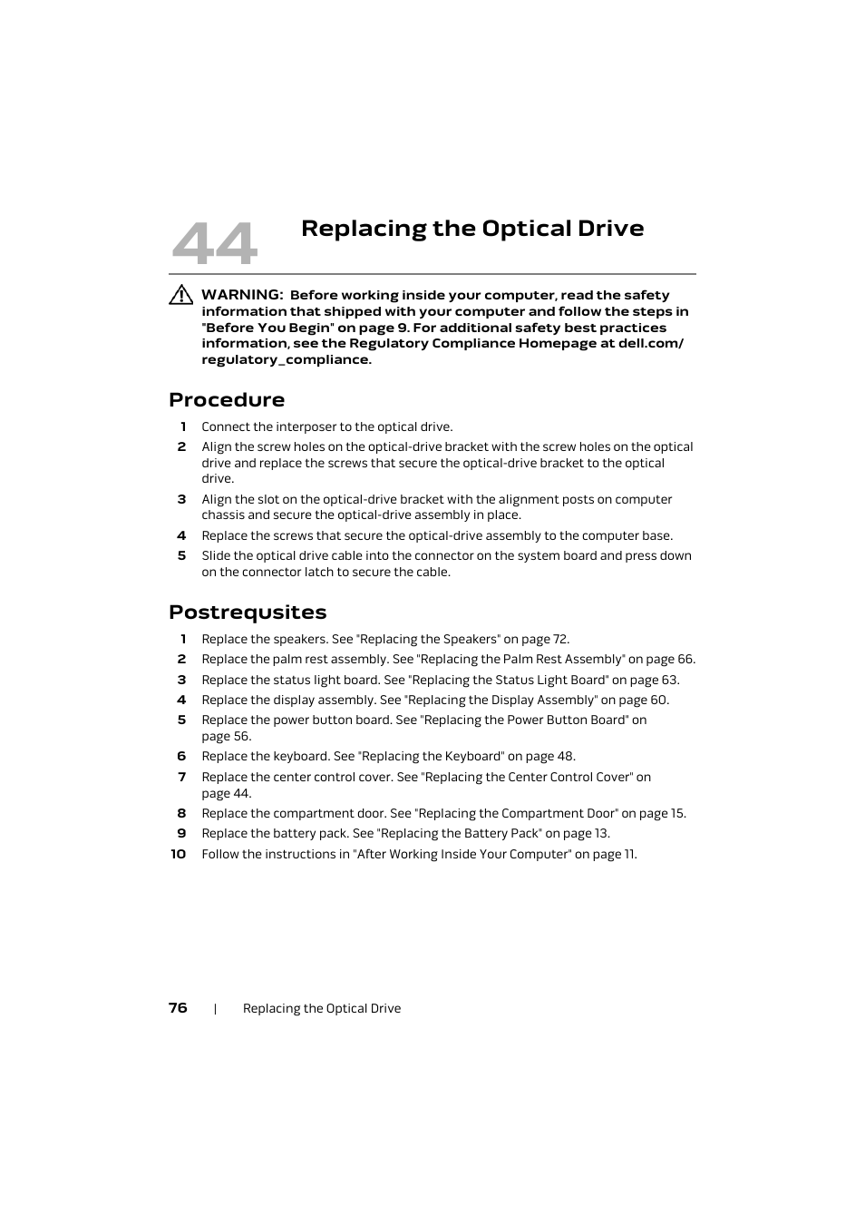 Replacing the optical drive, Procedure, Postrequsites | Dell Alienware M17x R4 (Early 2012) User Manual | Page 76 / 88