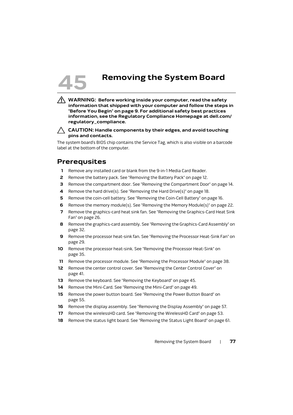 Removing the system board, Prerequsites | Dell Alienware M17x R4 (Early 2012) User Manual | Page 77 / 88