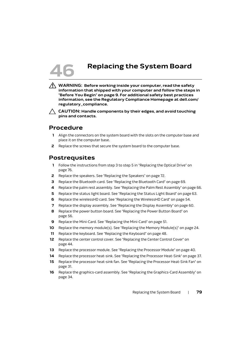Replacing the system board, Procedure, Postrequsites | Dell Alienware M17x R4 (Early 2012) User Manual | Page 79 / 88