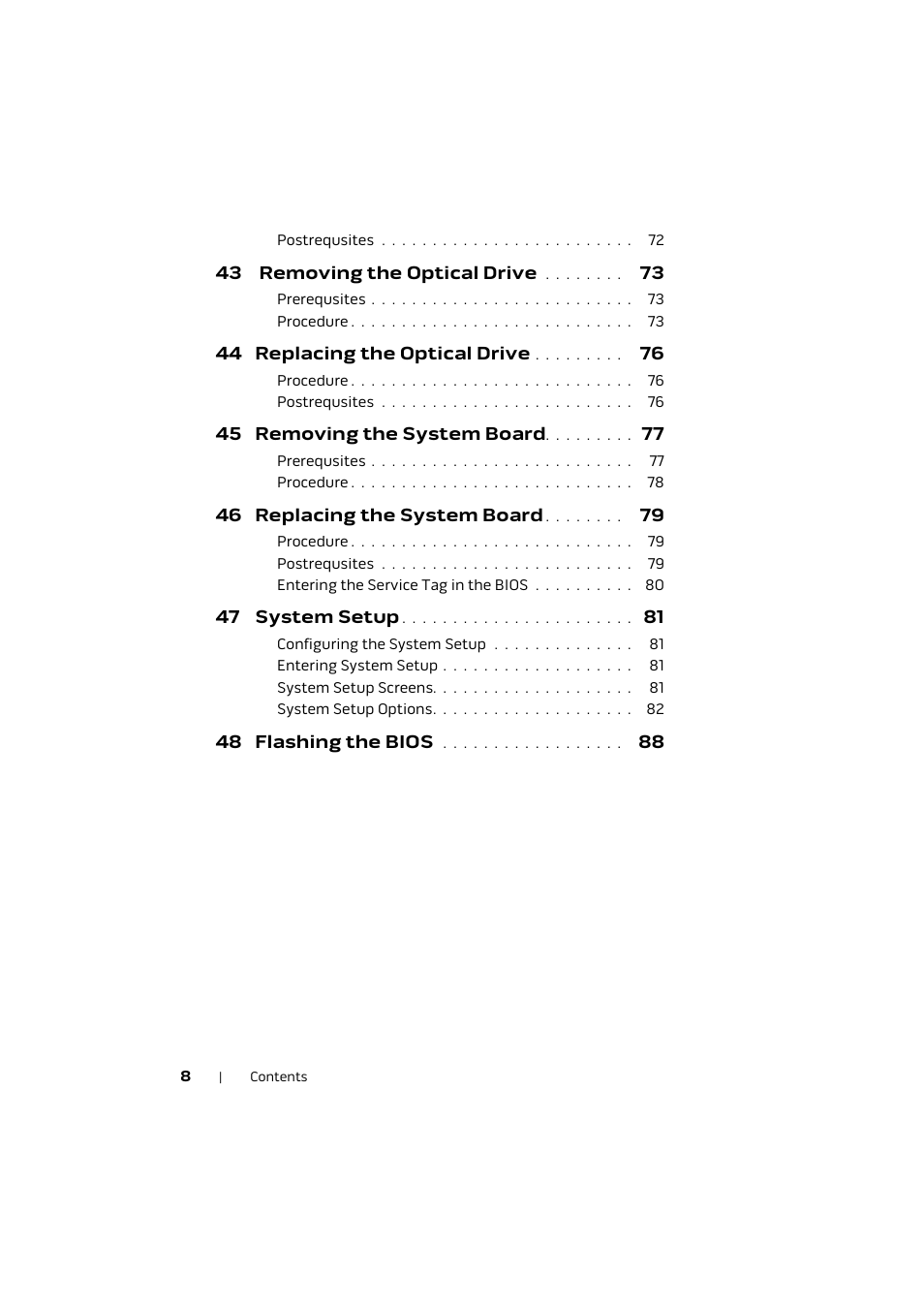 43 removing the optical drive, 44 replacing the optical drive, 45 removing the system board | 46 replacing the system board, 47 system setup, 48 flashing the bios | Dell Alienware M17x R4 (Early 2012) User Manual | Page 8 / 88