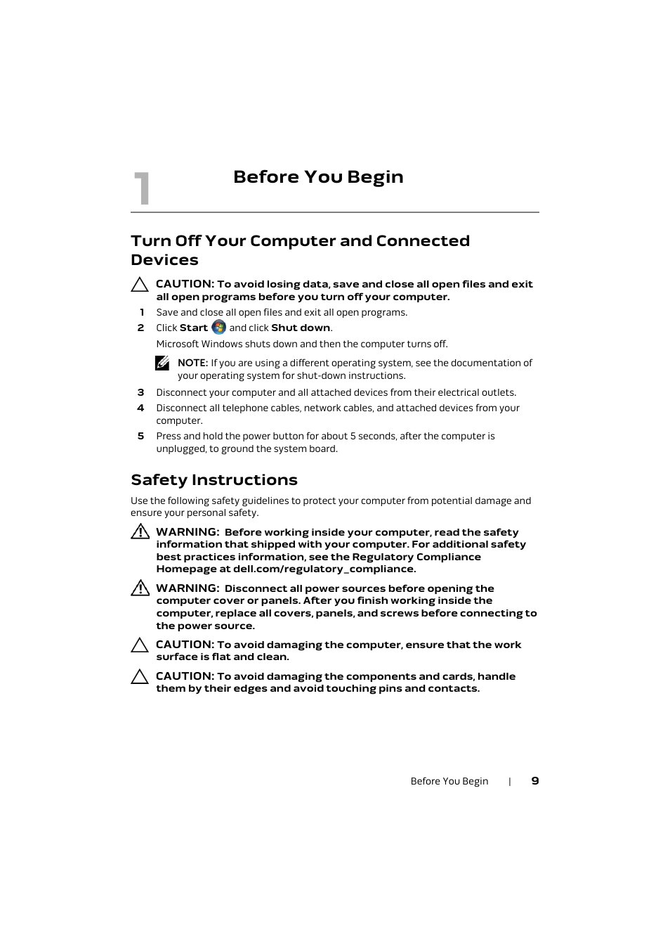 Before you begin, Turn off your computer and connected devices, Safety instructions | Dell Alienware M17x R4 (Early 2012) User Manual | Page 9 / 88