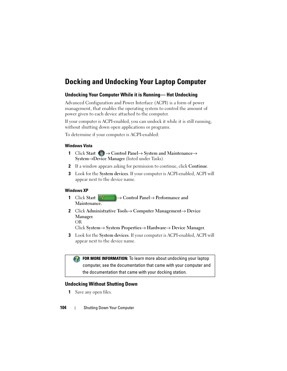 Docking and undocking your laptop computer, Undocking without shutting down | Dell Inpsiron 560 (Late 2009) User Manual | Page 104 / 354