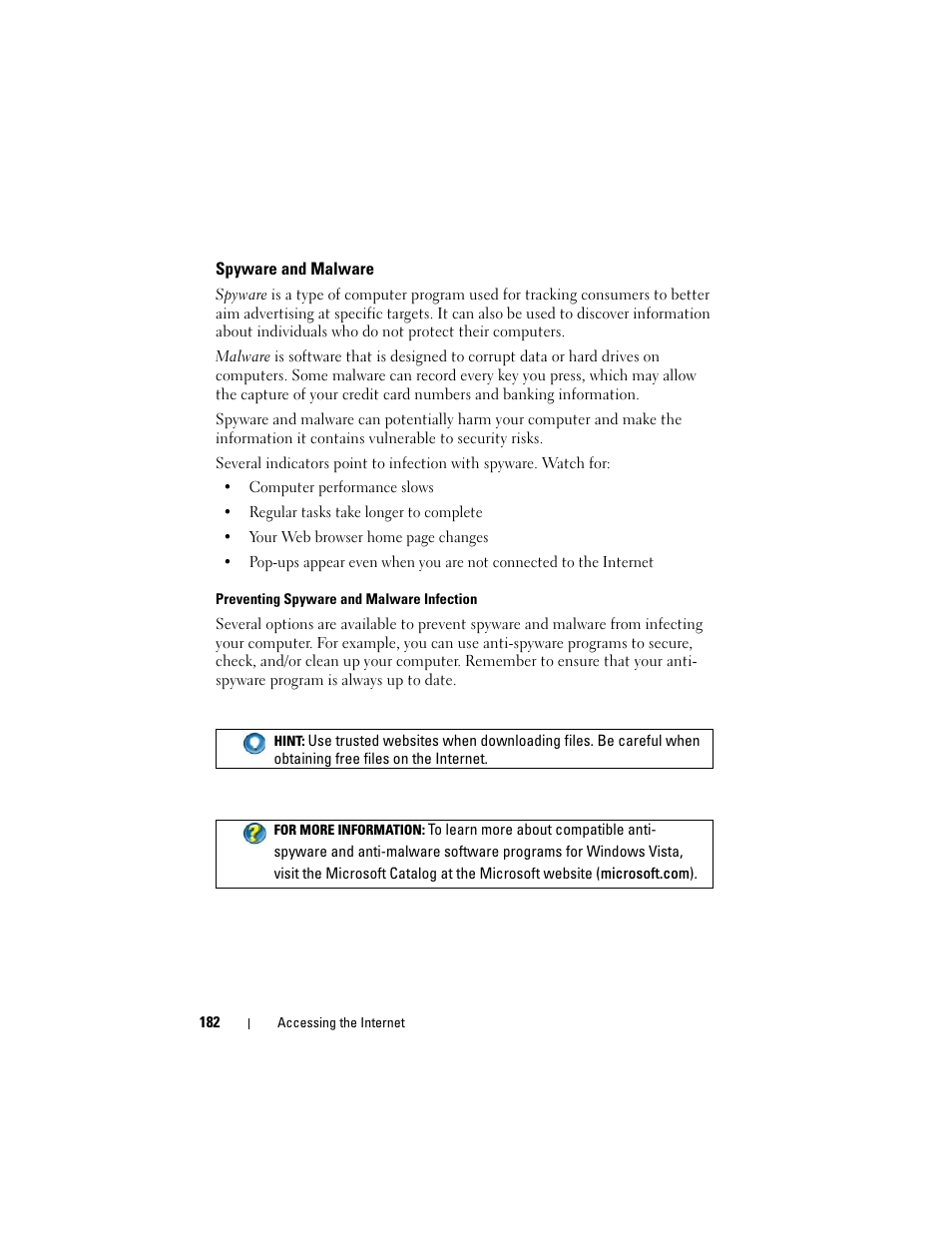 Spyware and malware | Dell Inpsiron 560 (Late 2009) User Manual | Page 182 / 354