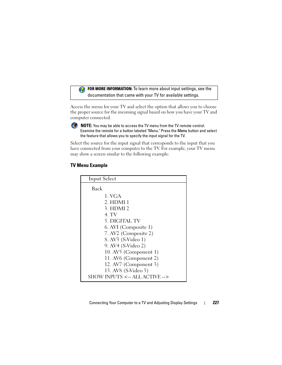 Tv menu example | Dell Inpsiron 560 (Late 2009) User Manual | Page 227 / 354