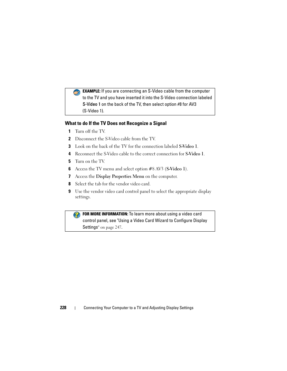 What to do if the tv does not recognize a signal | Dell Inpsiron 560 (Late 2009) User Manual | Page 228 / 354