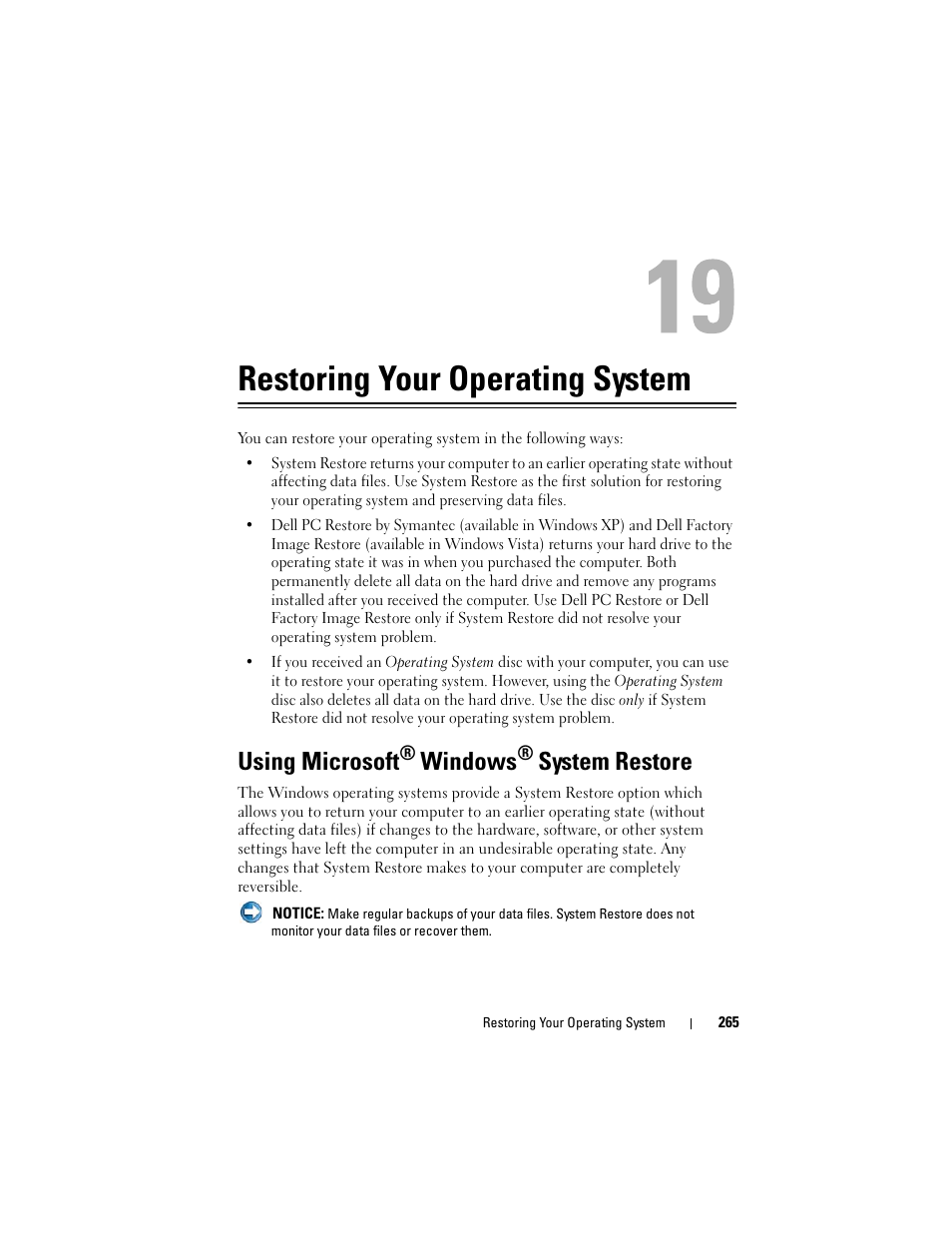 Restoring your operating system, Using microsoft® windows® system restore, Using microsoft | E see "using microsoft, Windows, E (see "using microsoft, System, See "using microsoft, System restore | Dell Inpsiron 560 (Late 2009) User Manual | Page 265 / 354