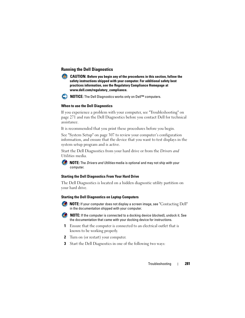 Running the dell diagnostics, N the dell diagnostics (see "running the dell, S (see "running the dell | Ee "running the dell | Dell Inpsiron 560 (Late 2009) User Manual | Page 281 / 354