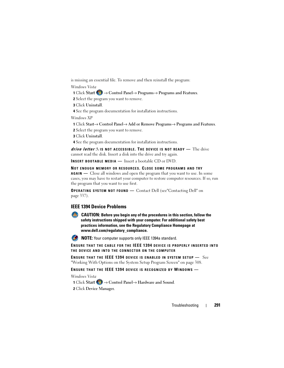 Ieee 1394 device problems | Dell Inpsiron 560 (Late 2009) User Manual | Page 291 / 354