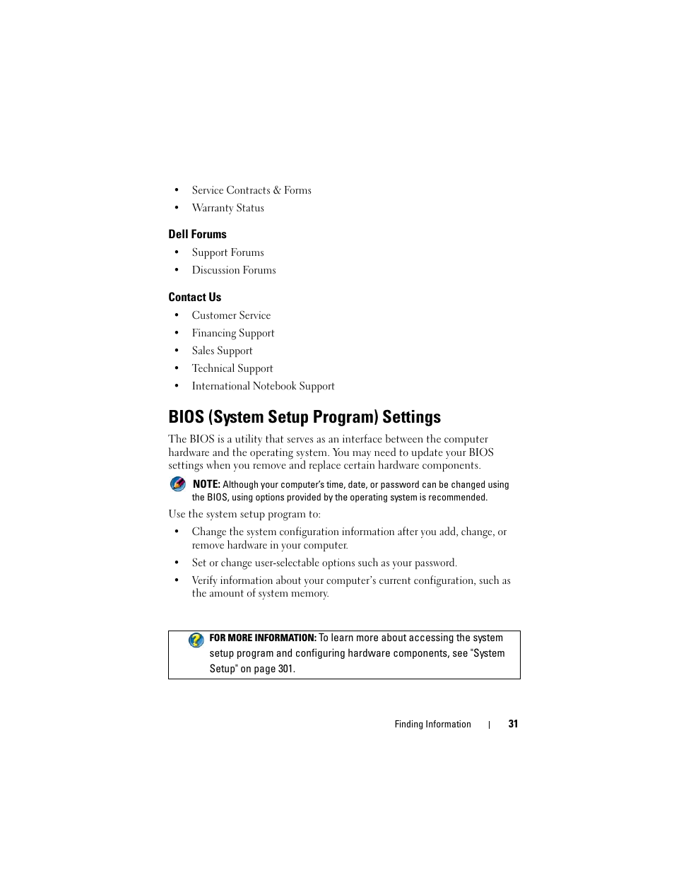 Dell forums, Contact us, Bios (system setup program) settings | Dell Inpsiron 560 (Late 2009) User Manual | Page 31 / 354