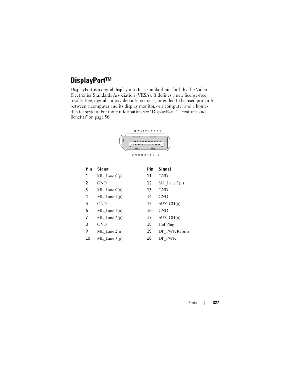 Displayport, And "displayport | Dell Inpsiron 560 (Late 2009) User Manual | Page 327 / 354