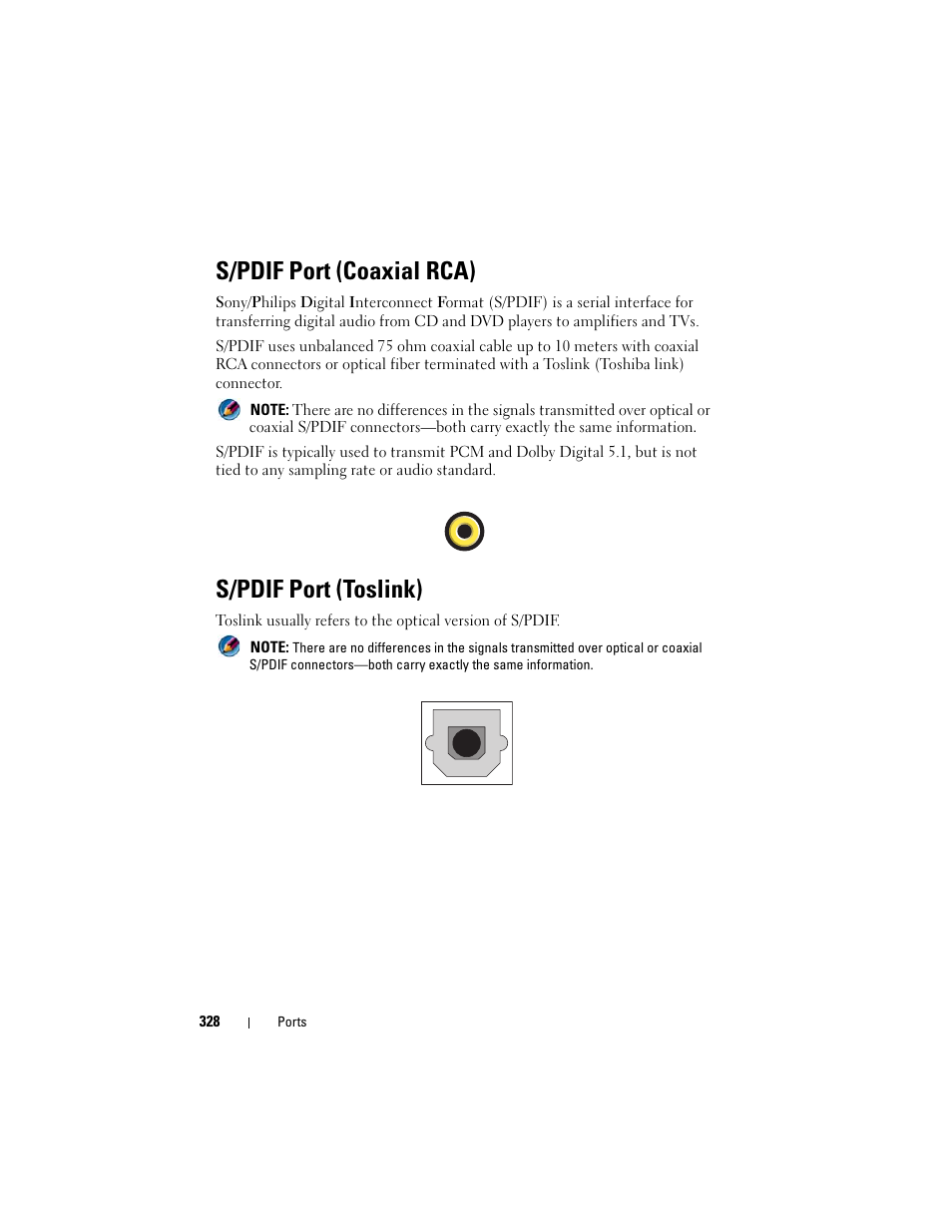 S/pdif port (coaxial rca), S/pdif port (toslink) | Dell Inpsiron 560 (Late 2009) User Manual | Page 328 / 354