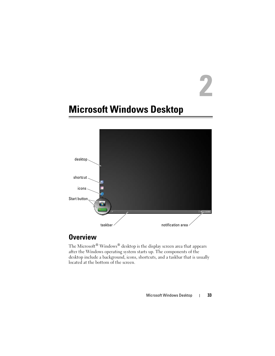 Microsoft windows desktop, Overview | Dell Inpsiron 560 (Late 2009) User Manual | Page 33 / 354