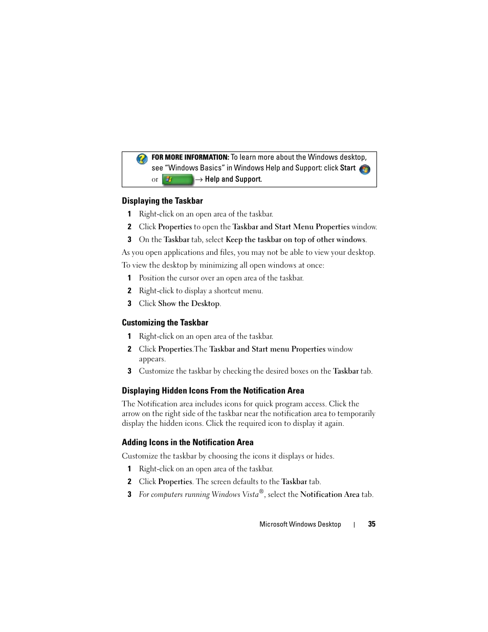 Displaying the taskbar, Customizing the taskbar, Displaying hidden icons from the notification area | Adding icons in the notification area | Dell Inpsiron 560 (Late 2009) User Manual | Page 35 / 354