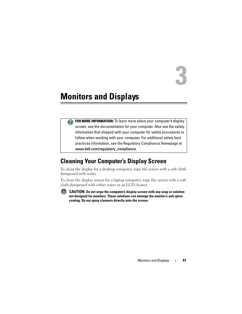 Monitors and displays, Cleaning your computer’s display screen | Dell Inpsiron 560 (Late 2009) User Manual | Page 47 / 354
