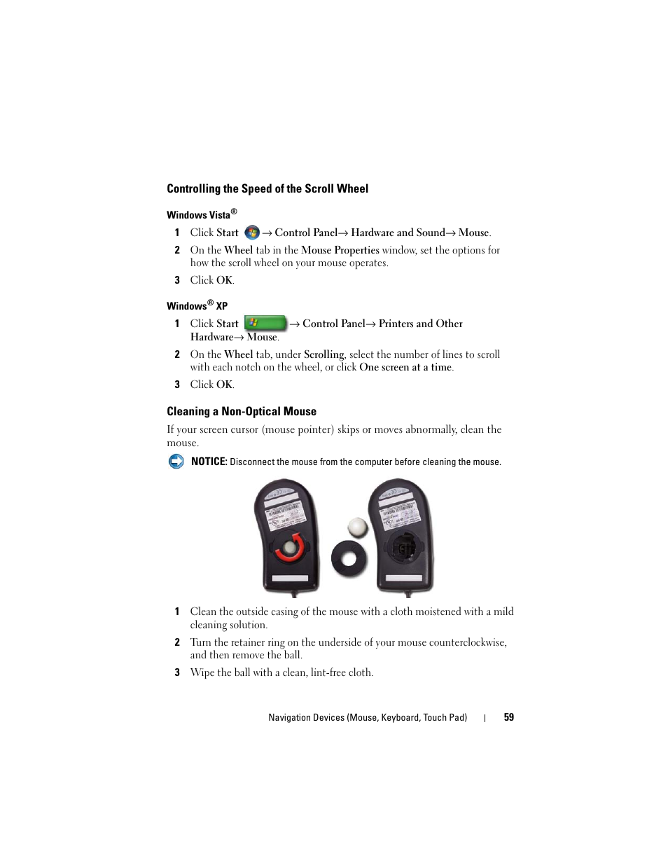 Controlling the speed of the scroll wheel, Cleaning a non-optical mouse | Dell Inpsiron 560 (Late 2009) User Manual | Page 59 / 354