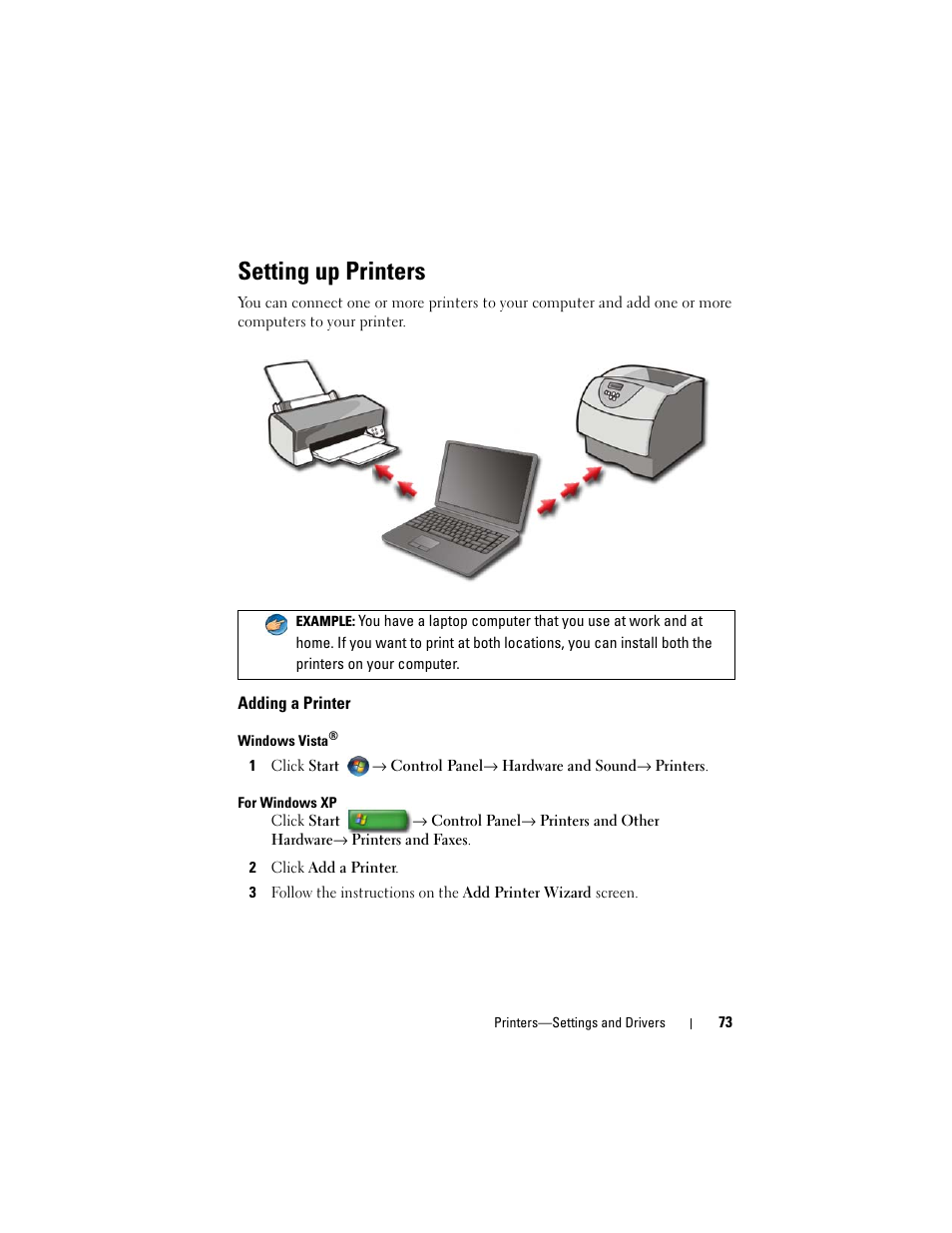 Setting up printers, Adding a printer | Dell Inpsiron 560 (Late 2009) User Manual | Page 73 / 354