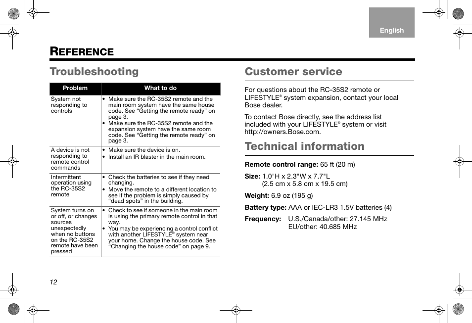 Troubleshooting customer service, Technical information, Eference | Bose RC-35S2 User Manual | Page 14 / 44