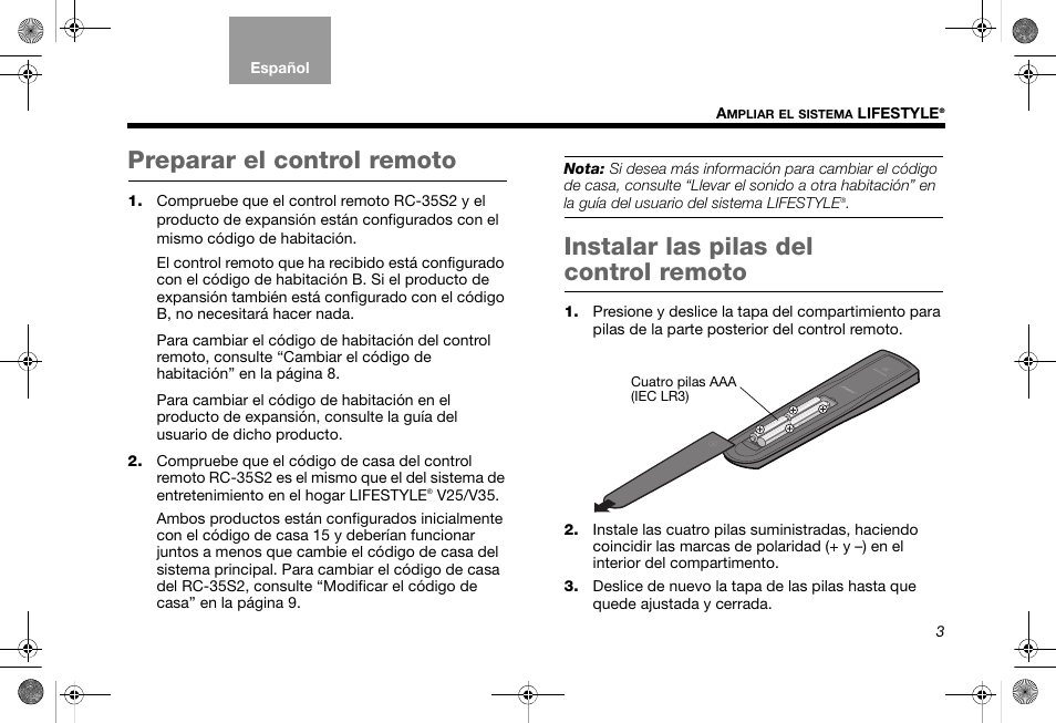 Preparar el control remoto, Instalar las pilas del control remoto | Bose RC-35S2 User Manual | Page 19 / 44