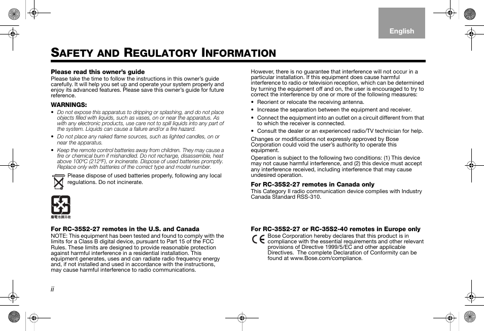 Afety, Egulatory, Nformation | Bose RC-35S2 User Manual | Page 2 / 44