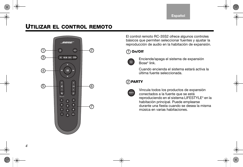 Tilizar, Control, Remoto | Bose RC-35S2 User Manual | Page 20 / 44