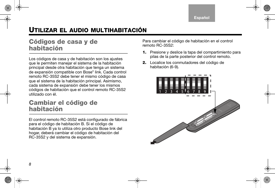 Códigos de casa y de habitación, Cambiar el código de habitación, Tilizar | Audio, Multihabitación | Bose RC-35S2 User Manual | Page 24 / 44