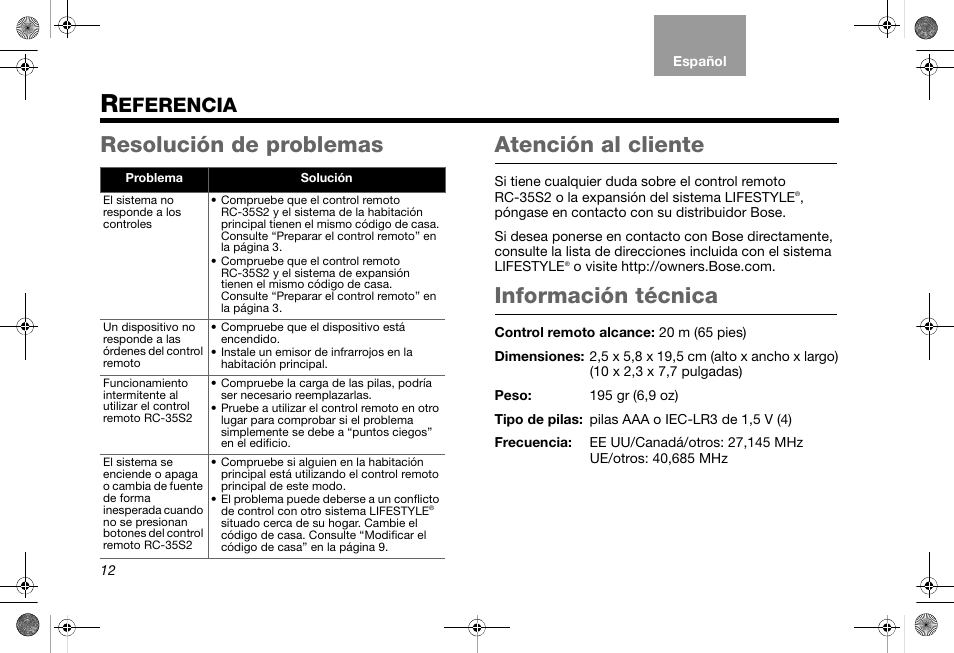 Resolución de problemas atención al cliente, Información técnica, Eferencia | Bose RC-35S2 User Manual | Page 28 / 44