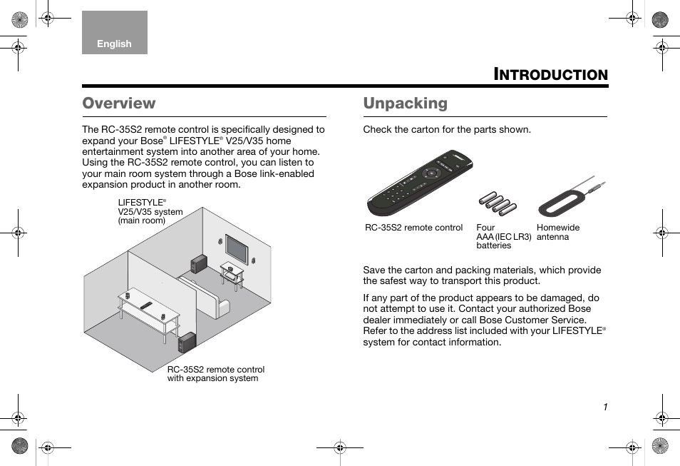 Overview, Unpacking, Ntroduction | Bose RC-35S2 User Manual | Page 3 / 44