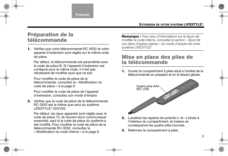 Préparation de la télécommande, Mise en place des piles de la télécommande | Bose RC-35S2 User Manual | Page 33 / 44