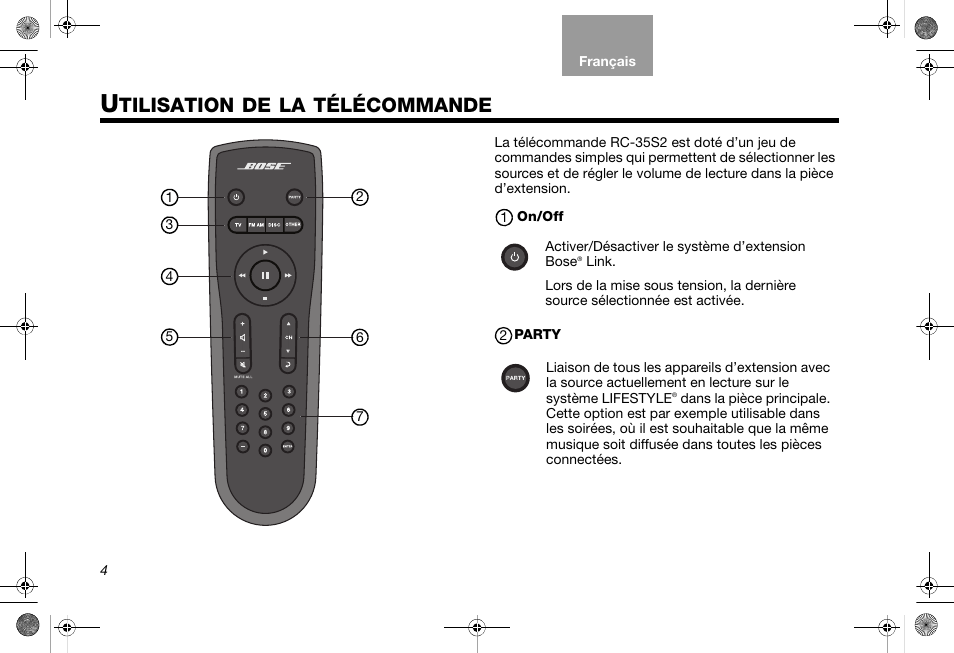 Tilisation, Télécommande | Bose RC-35S2 User Manual | Page 34 / 44