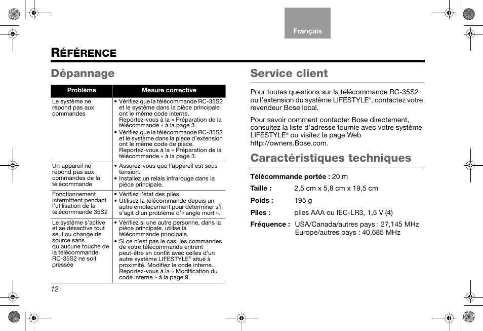 Dépannage service client, Caractéristiques techniques, Éférence | Bose RC-35S2 User Manual | Page 42 / 44