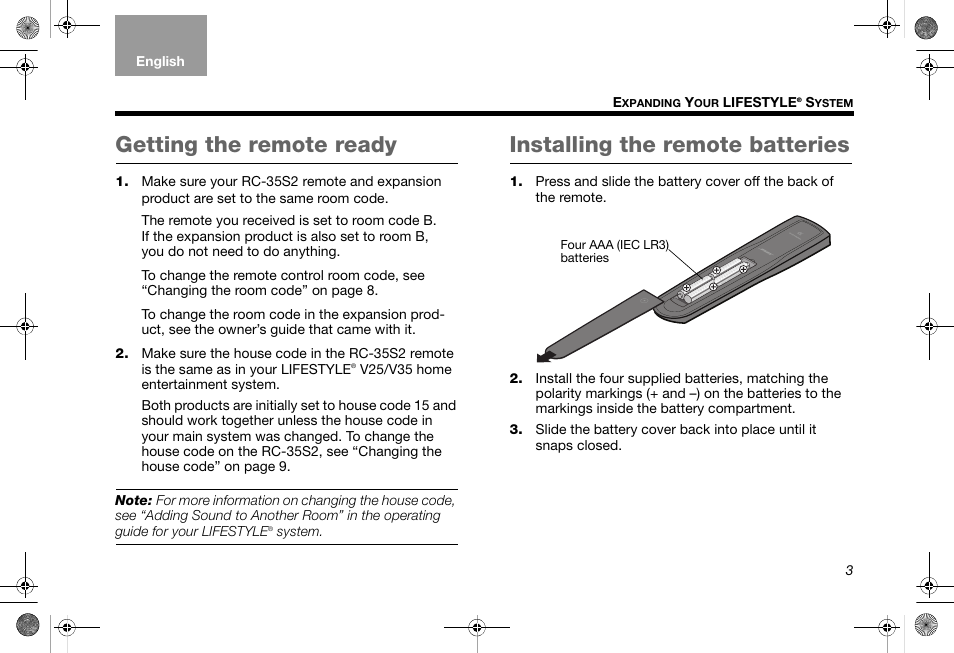 Getting the remote ready, Installing the remote batteries | Bose RC-35S2 User Manual | Page 5 / 44